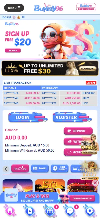 Bunny96 Casino games page on a mobile device