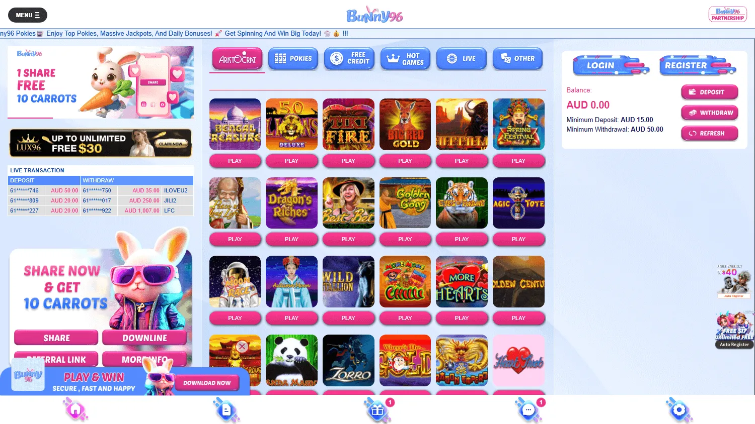 Bunny96 Casino home page on desktop