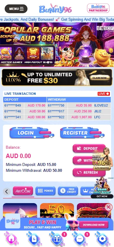 Bunny96 Casino home page on a mobile device