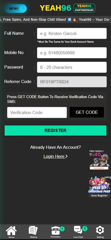 Bunny96 Casino promotions page on a mobile device